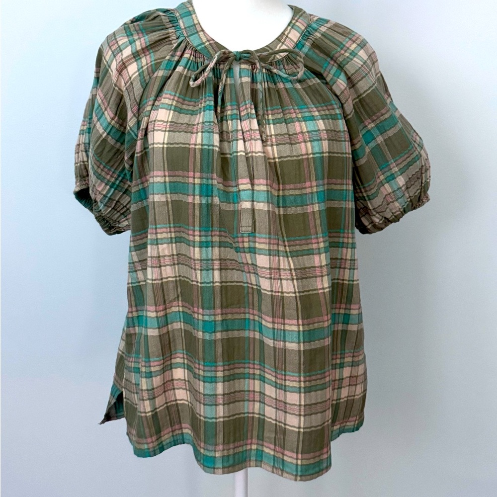 Loft Plaid Cotton Puff Sleeve Blouse with Tie Neck XS